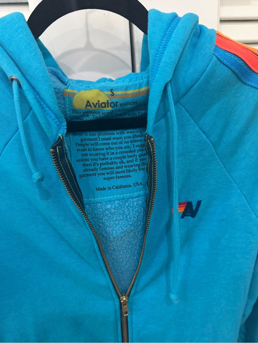 Aviator Nation Blue Zip-Up Hoodie with Rainbow Stripe - Picture 2 of 3